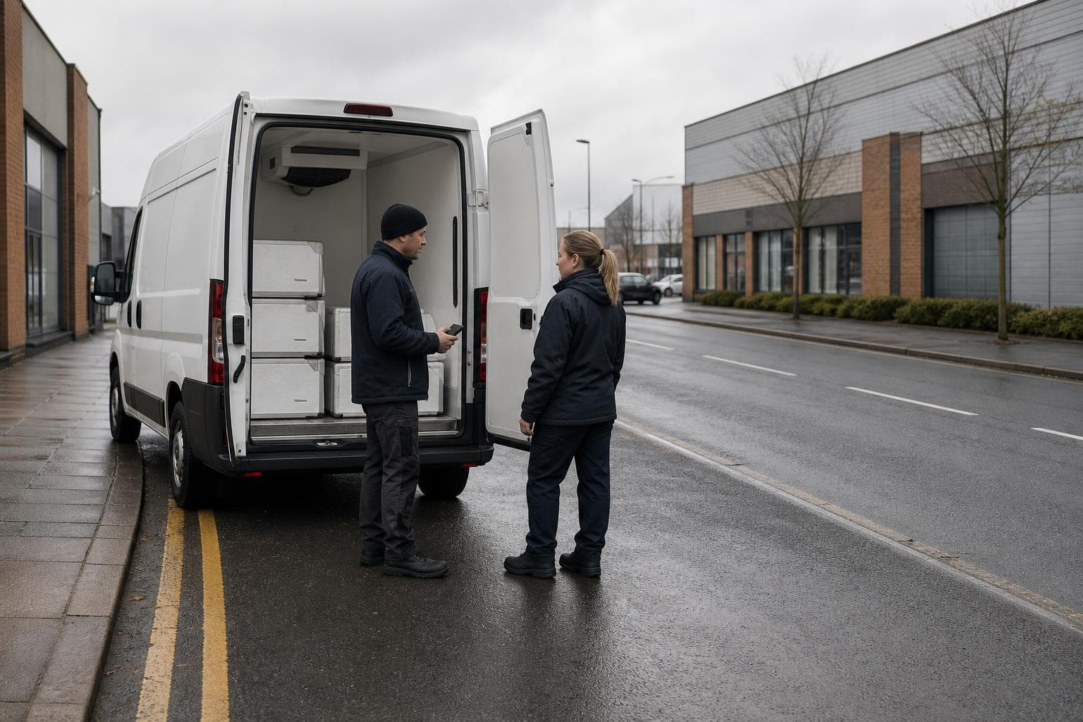Temperature-controlled courier van paused on a quiet Harrow commercial street during a roadside dispatch check