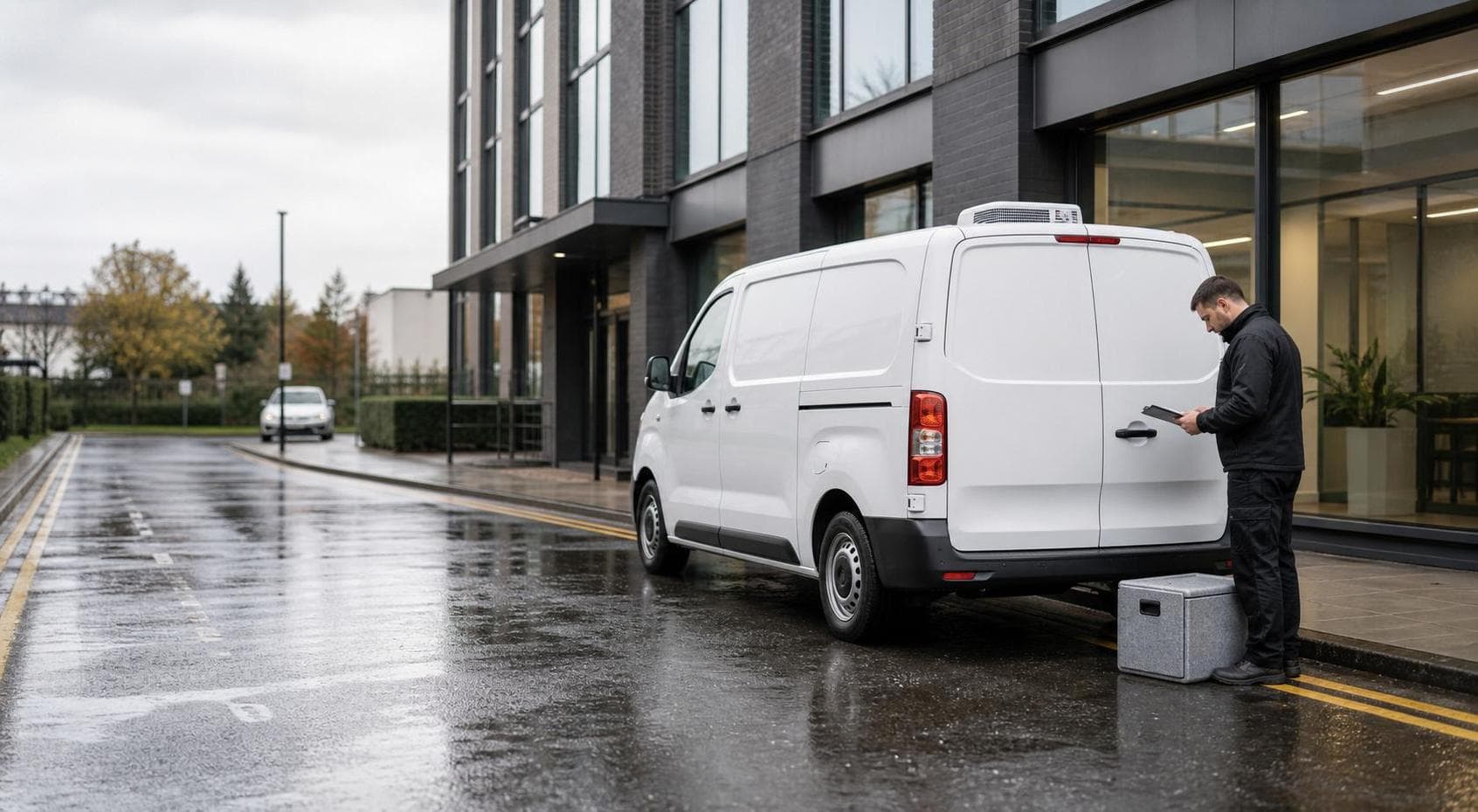 Unbranded refrigerated courier van and driver outside a modern Harrow office street with parcels ready for collection