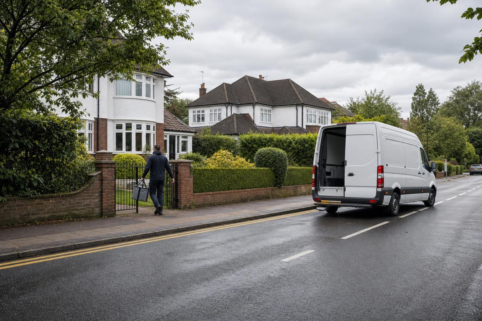 Unbranded courier van on a leafy Pinner residential street as a driver carries an insulated parcel to a property