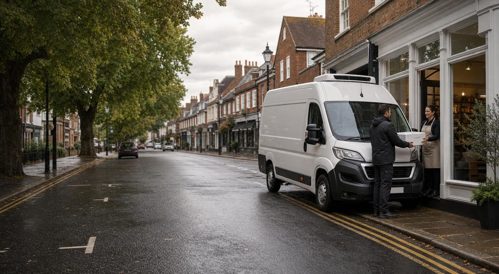 Courier collecting an insulated parcel beside an unbranded refrigerated van on a suburban Pinner high street