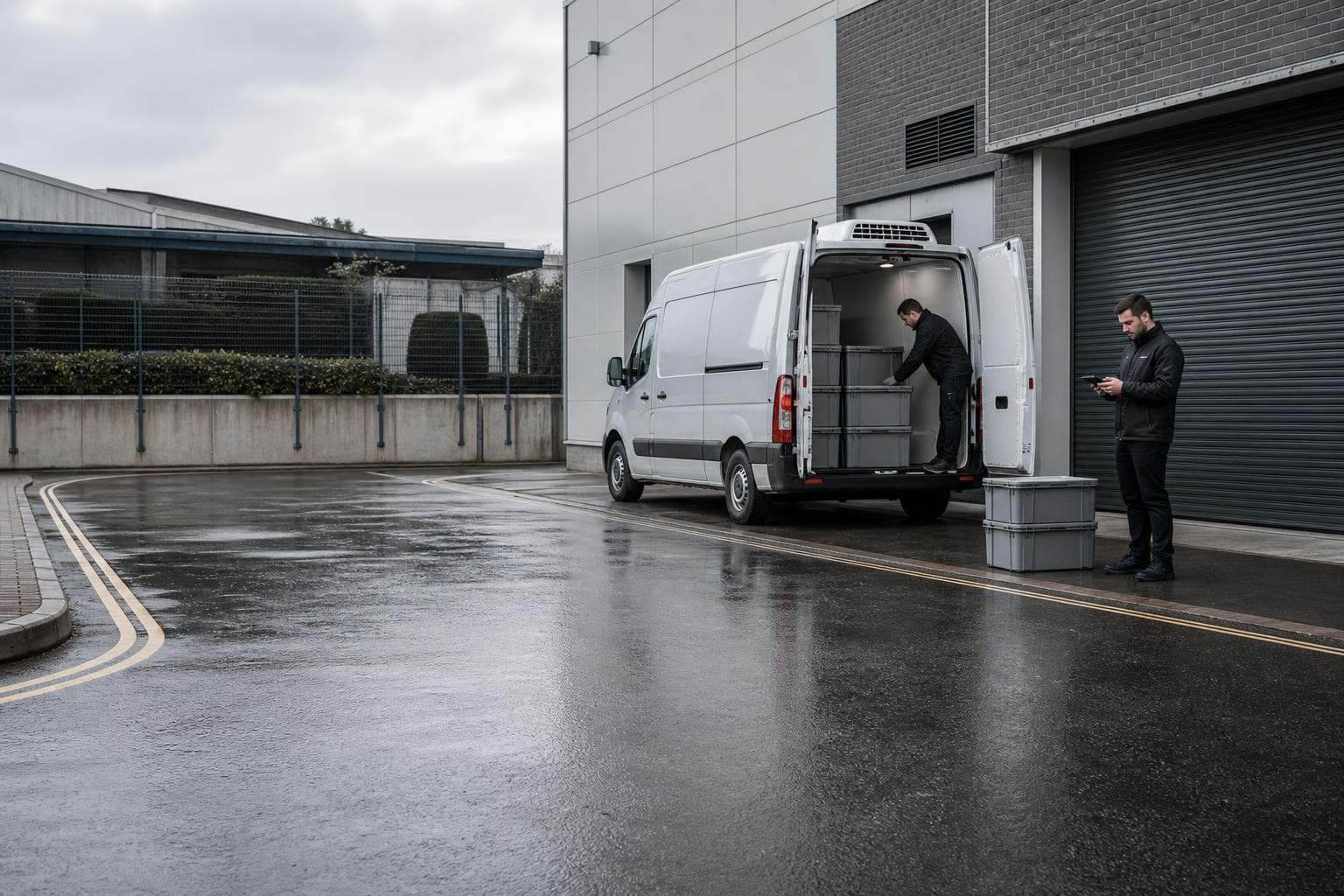 Unbranded refrigerated courier van in a Wembley service yard with staff preparing insulated delivery crates