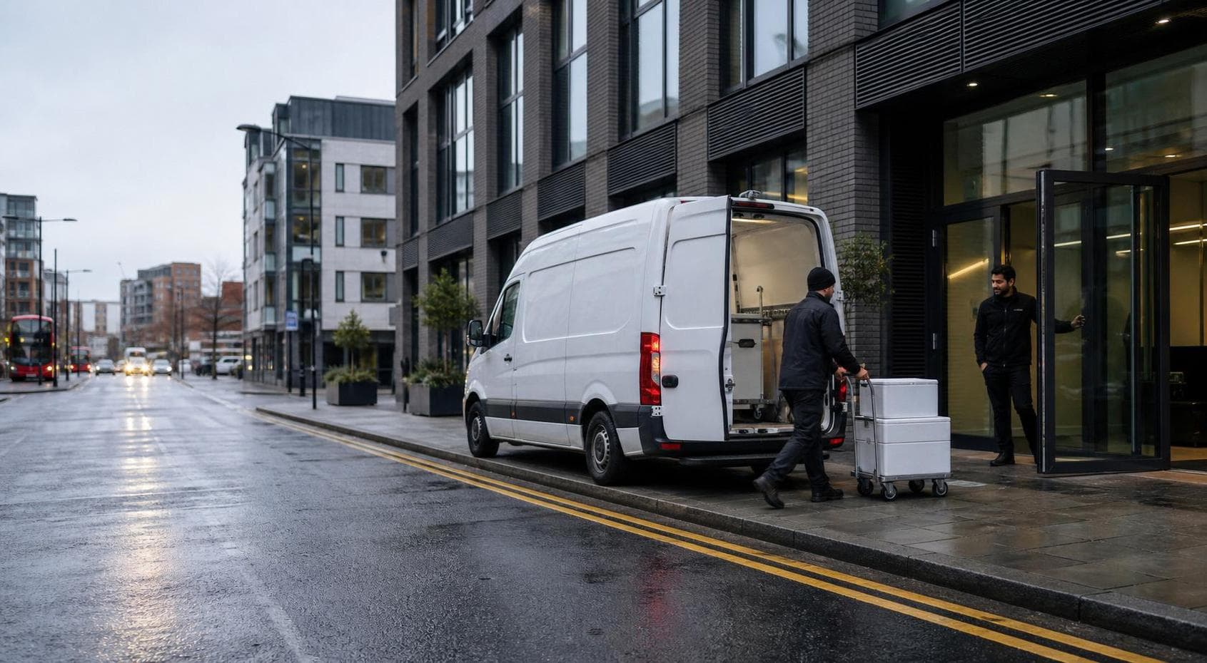 Courier with insulated parcel containers making an office delivery from an unbranded van on a Wembley commercial street