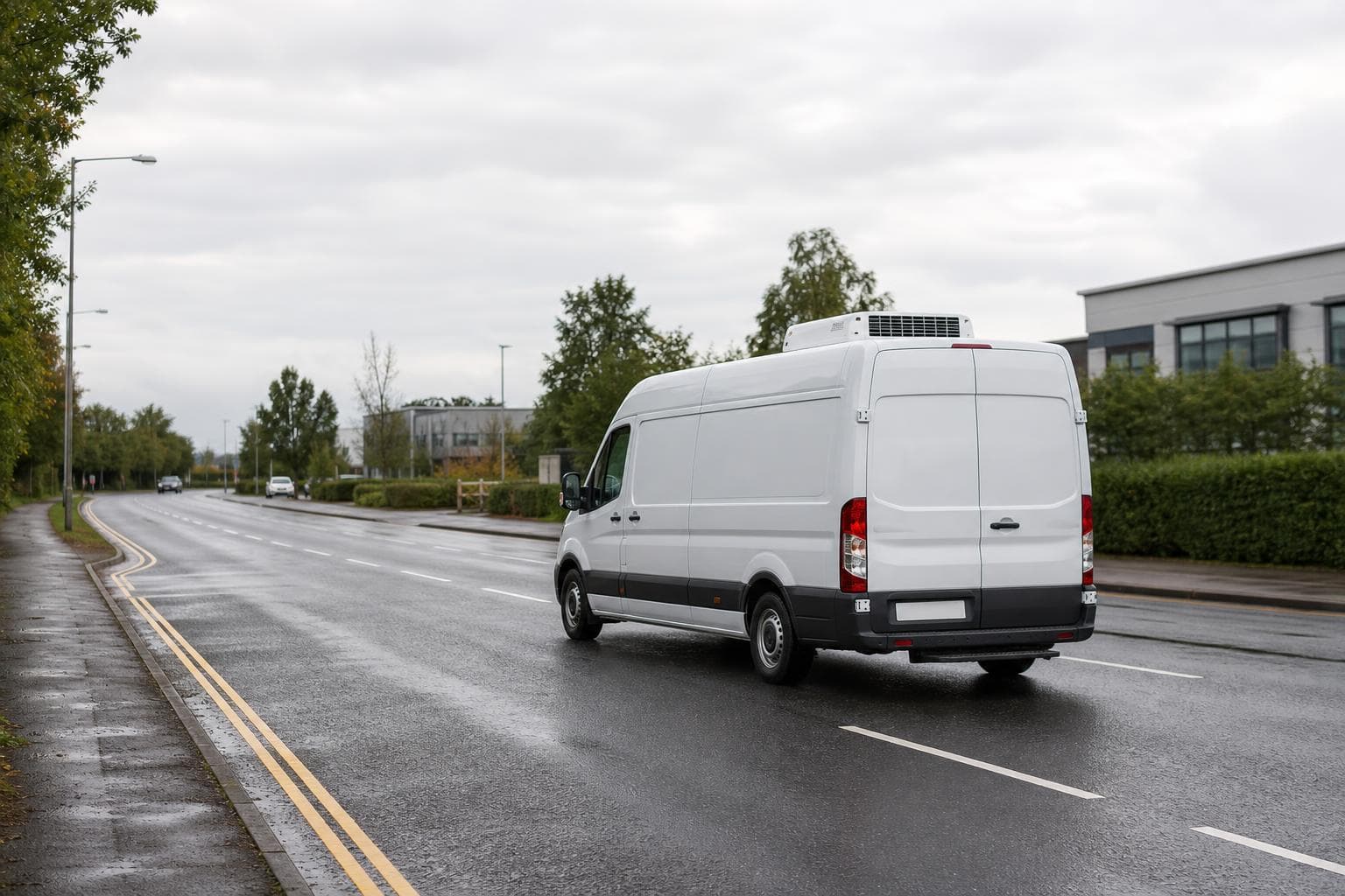 Unbranded temperature-controlled courier van driving along a broad suburban road near Ruislip