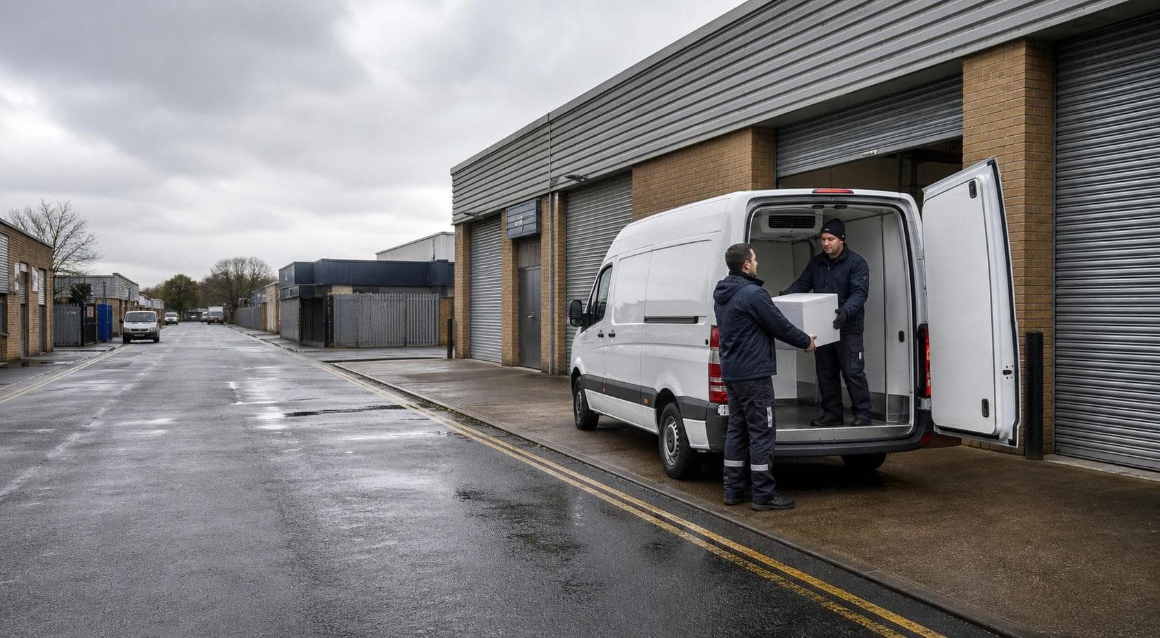 Courier collecting a sealed insulated box beside an unbranded van on a Ruislip trade estate