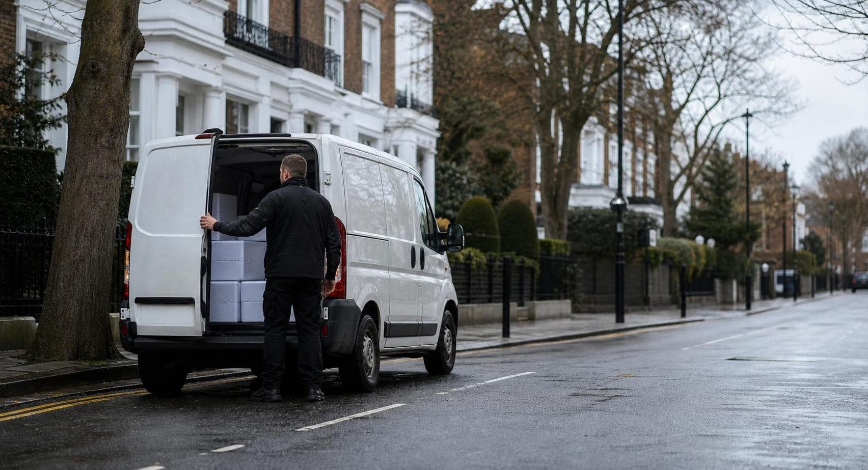 Unbranded courier van parked on a tree-lined Ealing street as a driver closes the rear door after loading