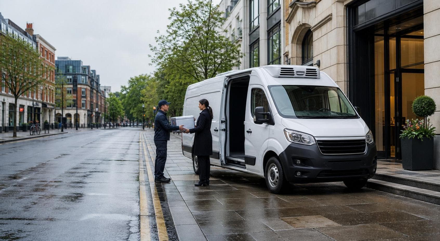 Courier handing over an insulated parcel outside a commercial building beside an unbranded van in Ealing