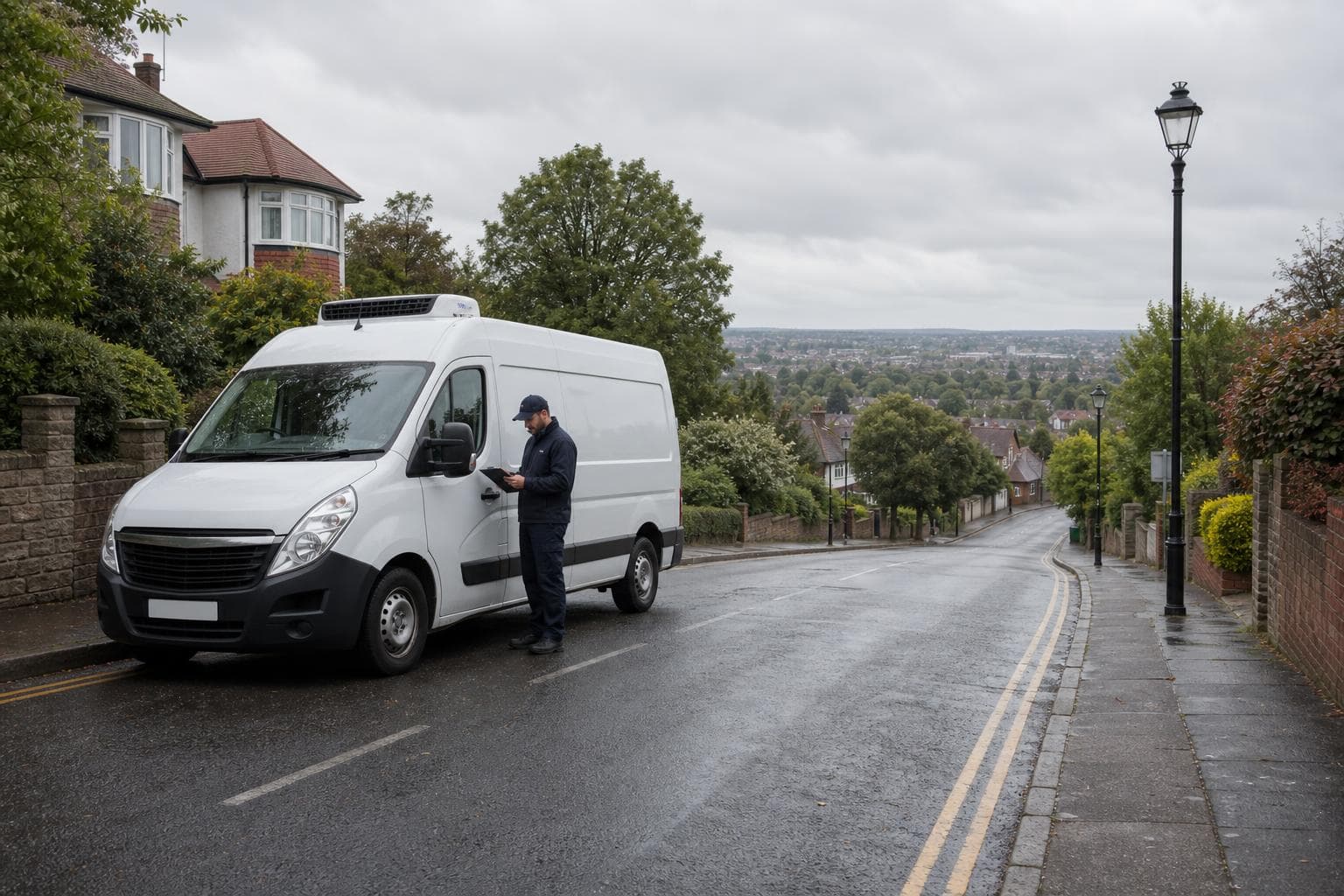 Unbranded refrigerated courier van stopped on a quiet Stanmore suburban road as a driver checks a delivery list