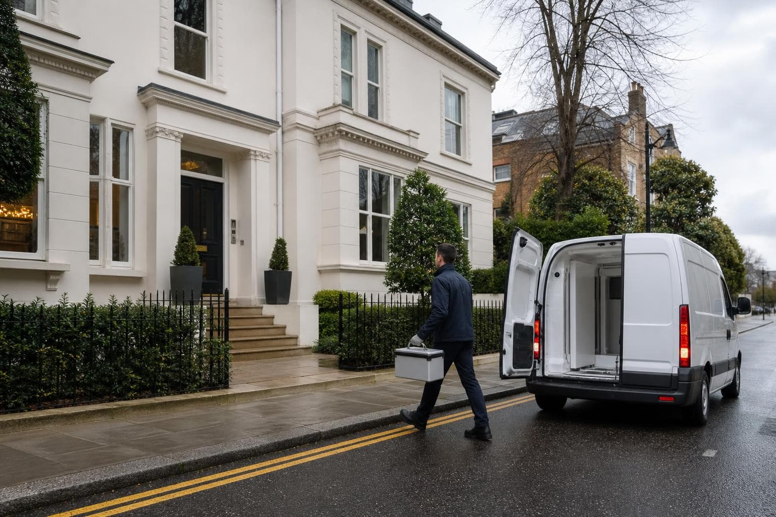 Courier carrying a compact insulated parcel from an unbranded refrigerated van outside a clinic-style building in Stanmore