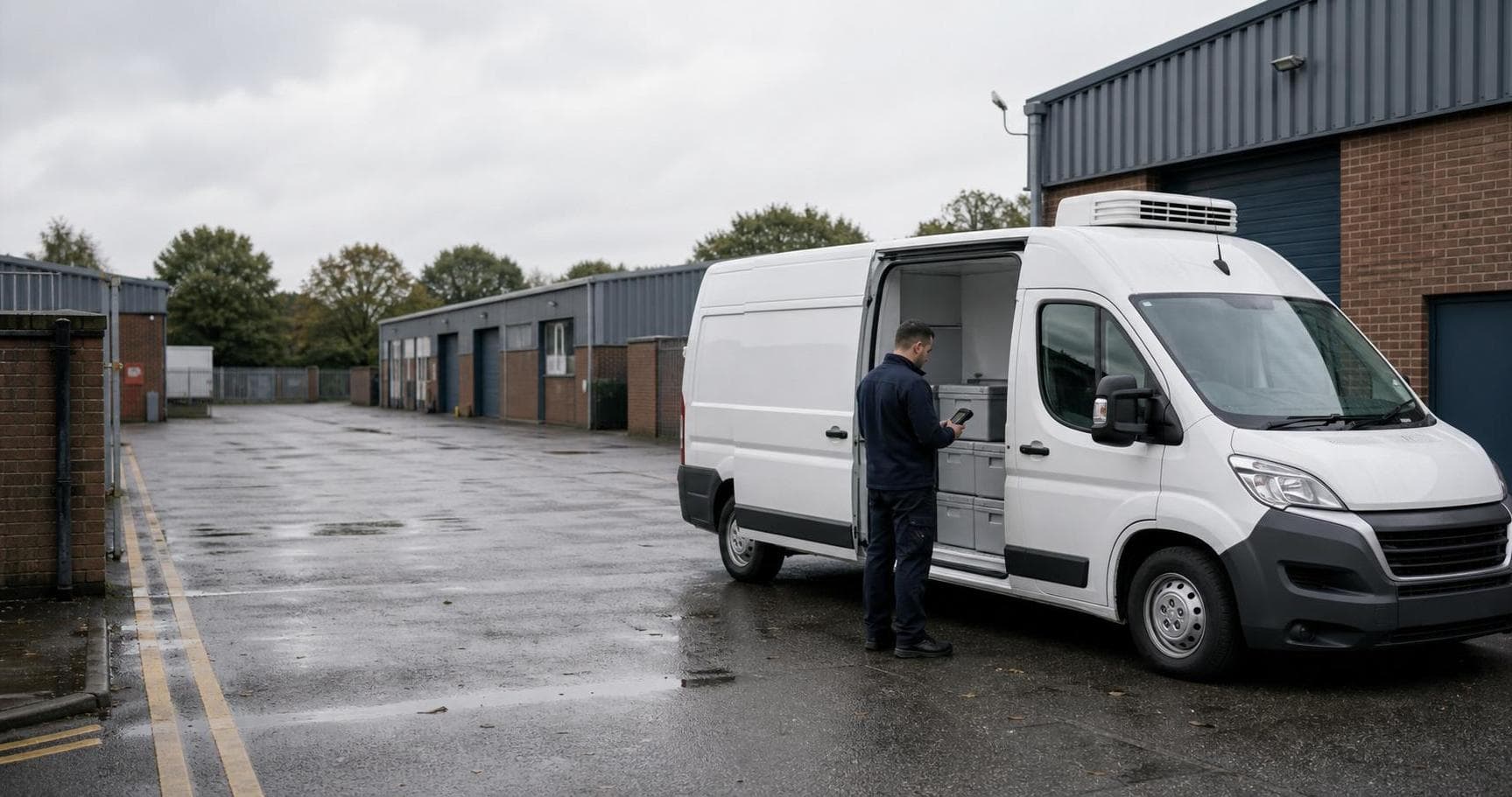 Unbranded refrigerated courier van in a tidy Northolt depot yard with a driver checking loaded insulated containers