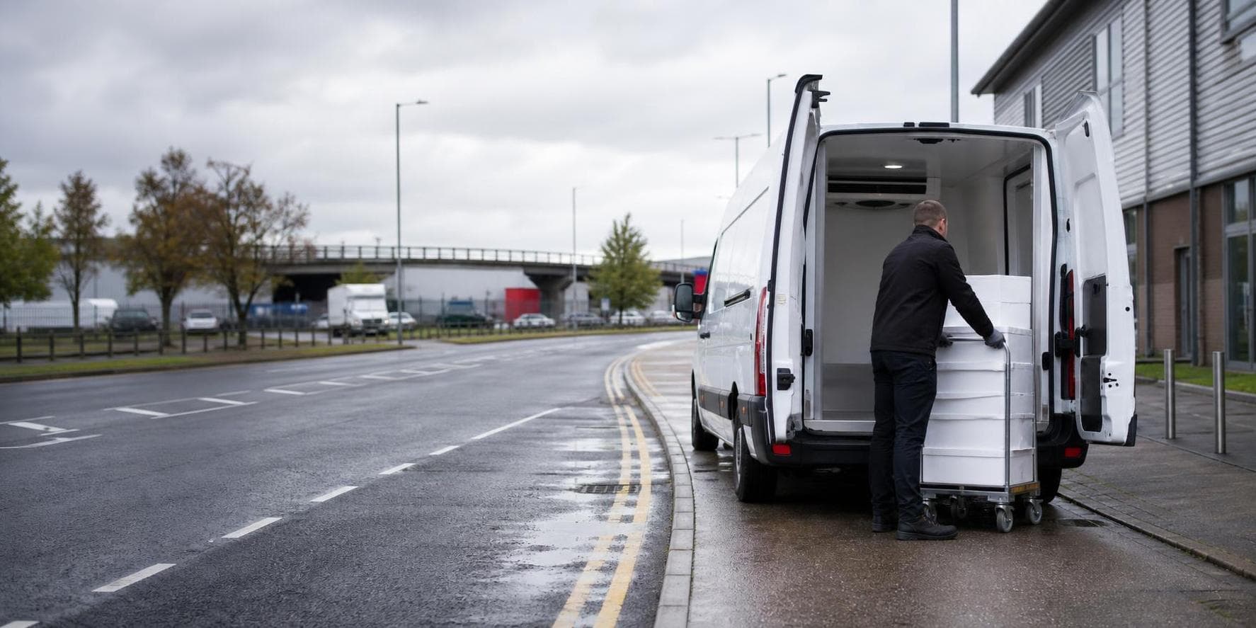 Courier loading insulated crates into an unbranded temperature-controlled van near a Northolt roadside business area