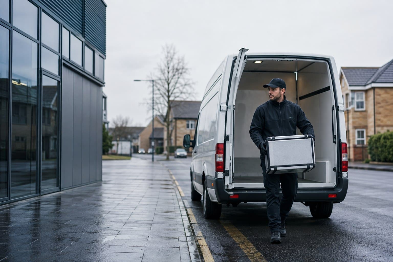 Unbranded courier handling a prepared consignment in Burnt Oak, shown in a busy district centred on the Broadway.