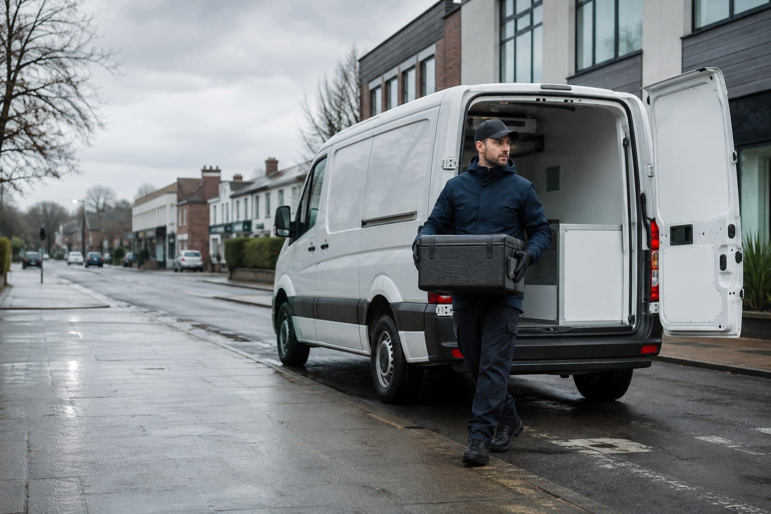 Unbranded courier handling a prepared consignment in Bushey, shown in a Hertfordshire town with high-street and business-edge addresses.