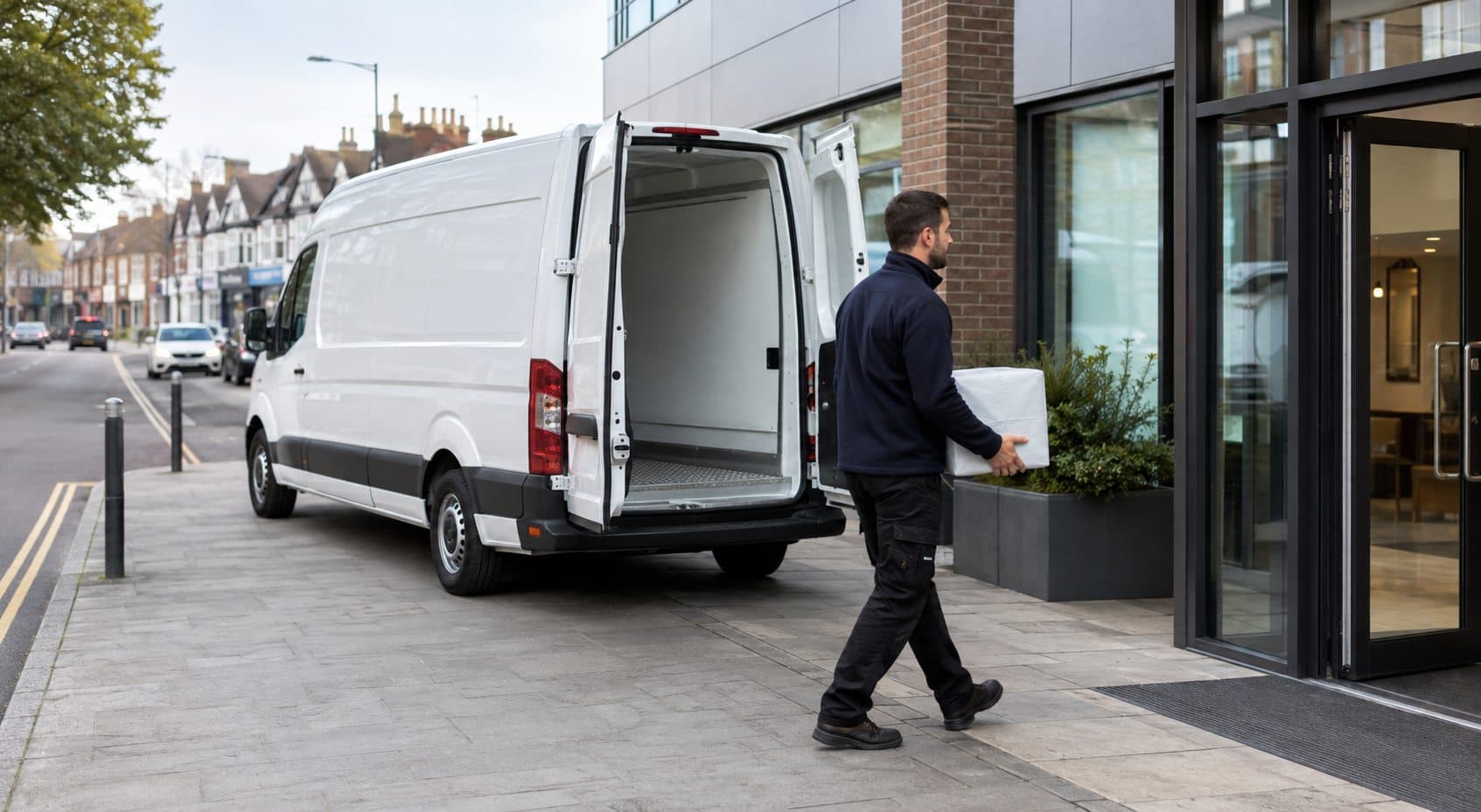 Courier carrying a sealed insulated parcel from an unbranded van at an Edgware office