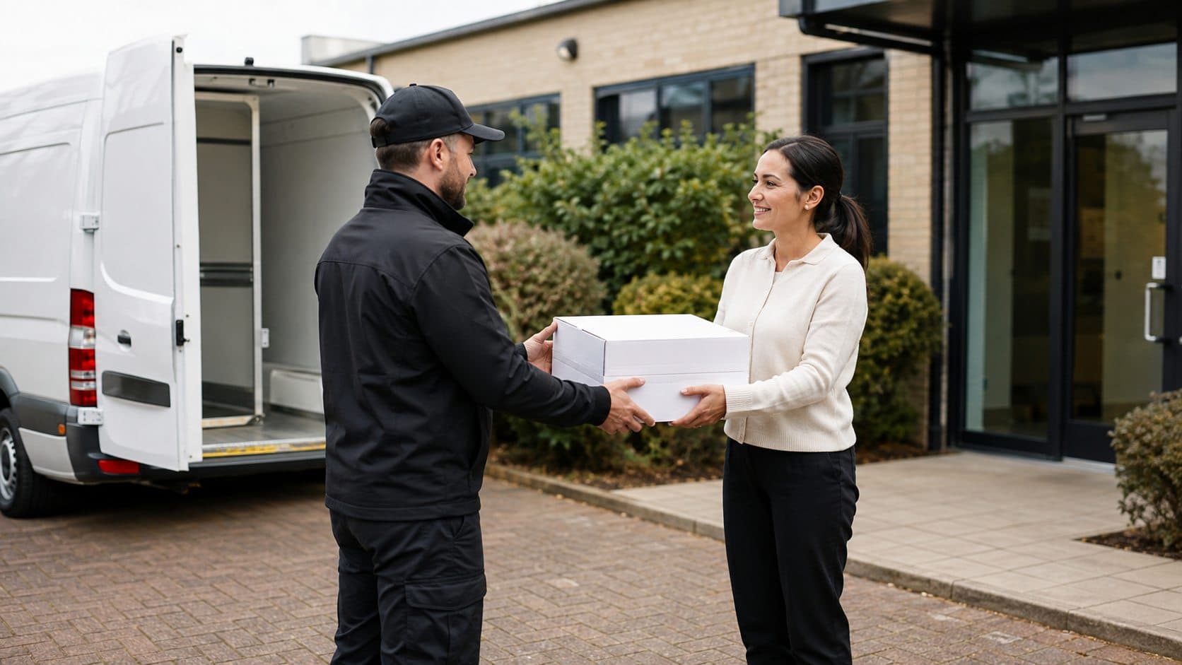 Courier completing a sealed parcel handover at an Edgware business entrance