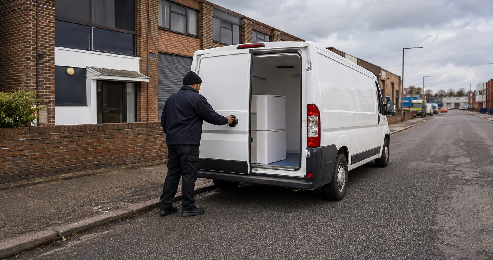 Courier closing an unbranded temperature-controlled van after loading in Greenford