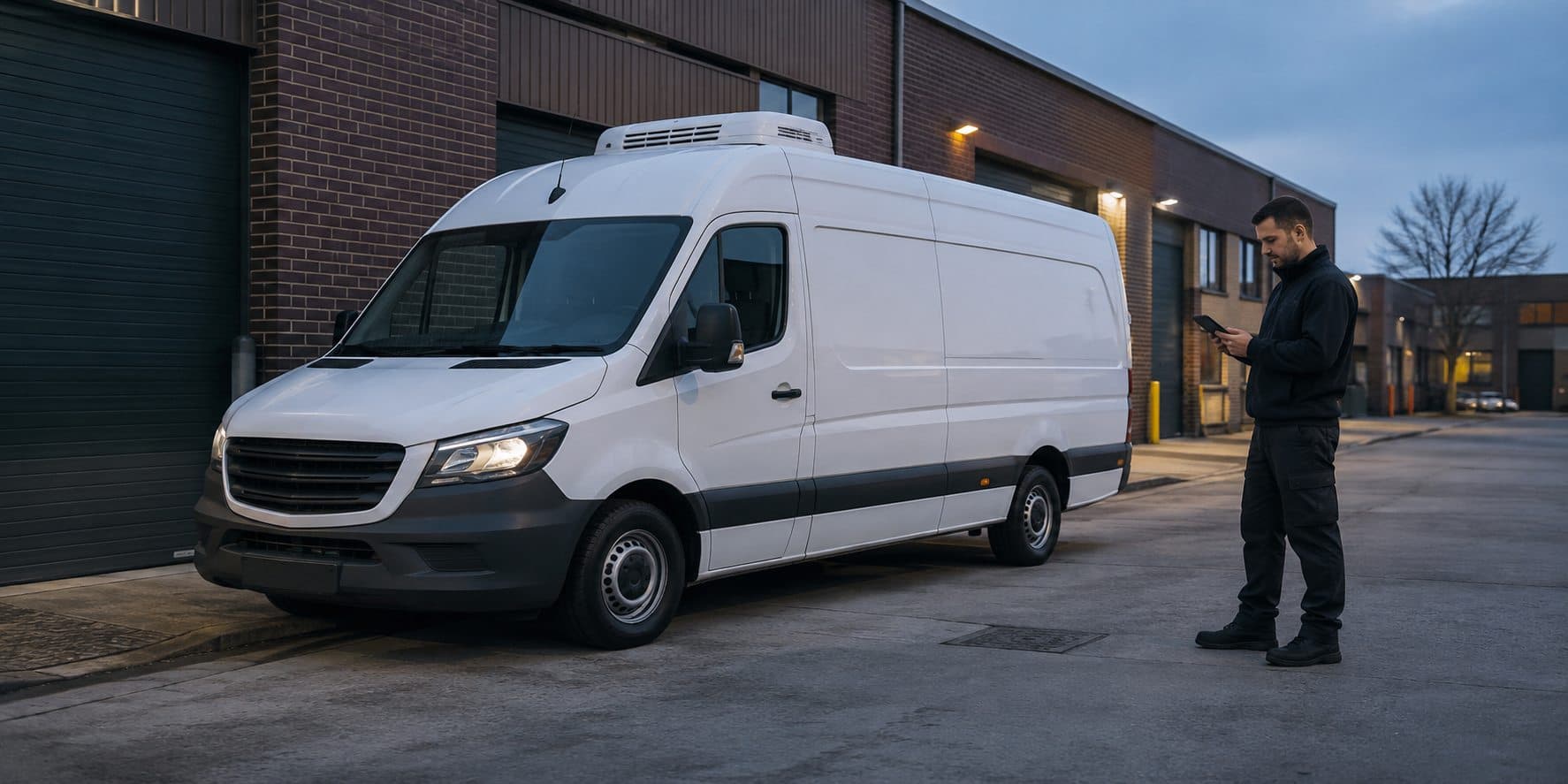 Courier checking a route beside an unbranded temperature-controlled van in Greenford
