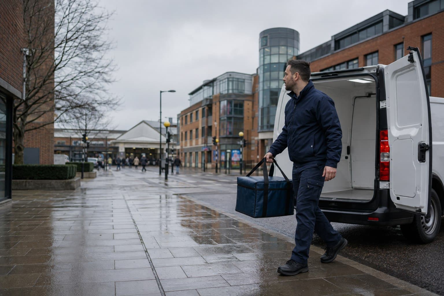 Unbranded courier handling a prepared consignment in Harrow-on-the-Hill, shown in the town-centre and station quarter.