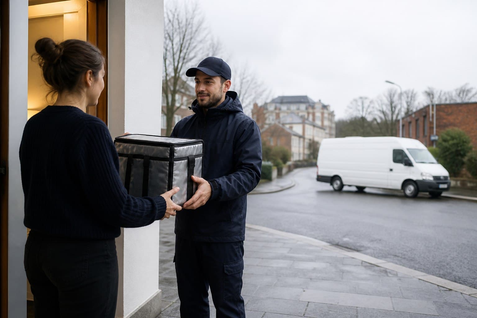 Unbranded courier vehicle prepared for a direct delivery from Harrow-on-the-Hill after collection from an office reception or education site.