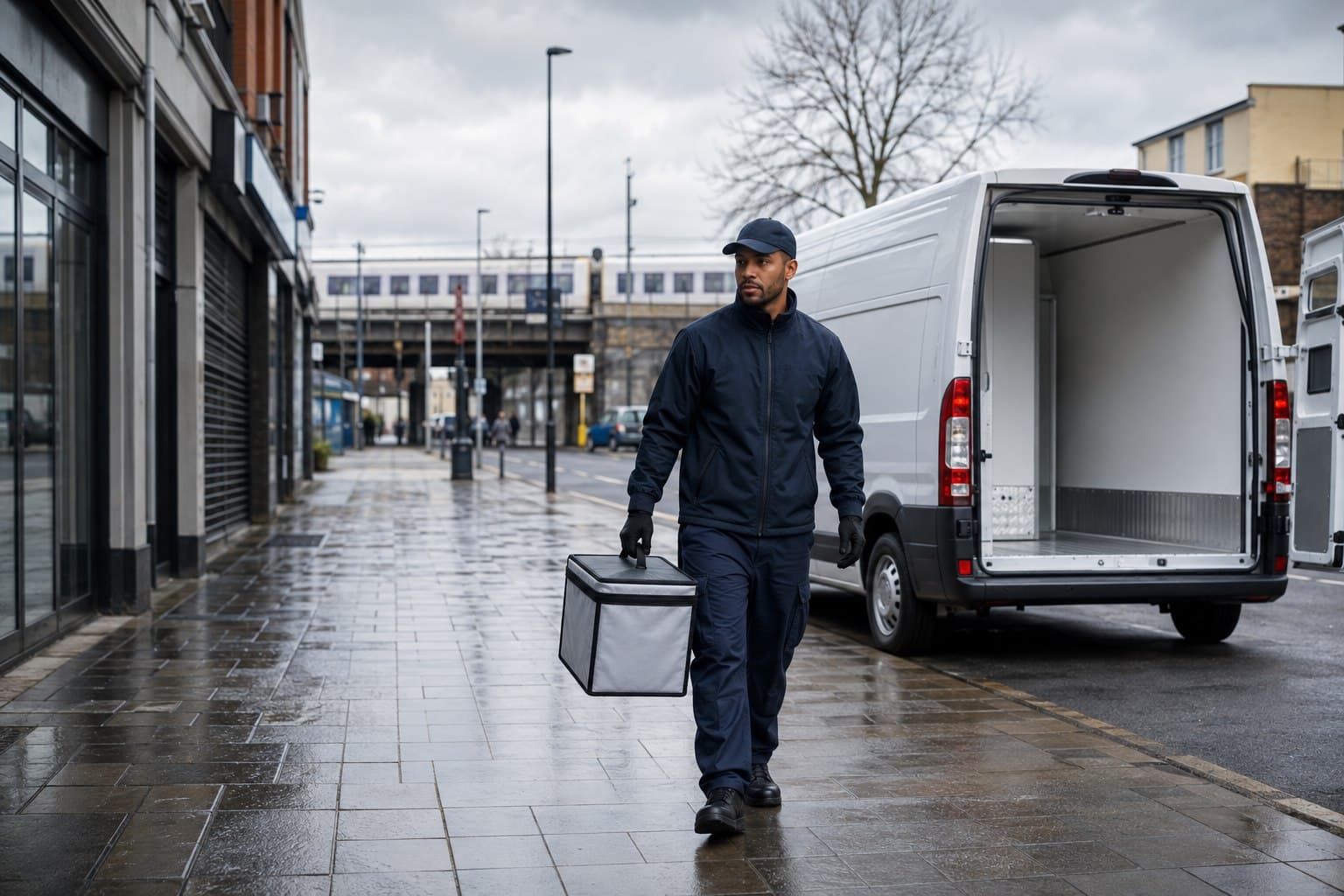 Unbranded courier handling a prepared consignment in Harrow Weald, shown in a mixed residential and commercial district.