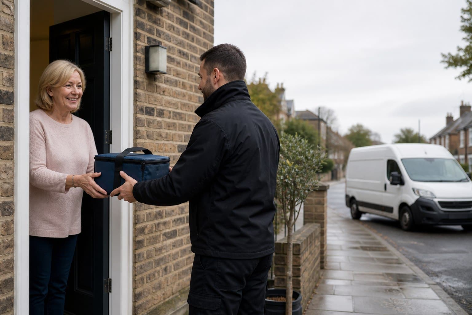 Unbranded courier vehicle prepared for a direct delivery from Harrow Weald after collection from a clinic, local firm or home address.