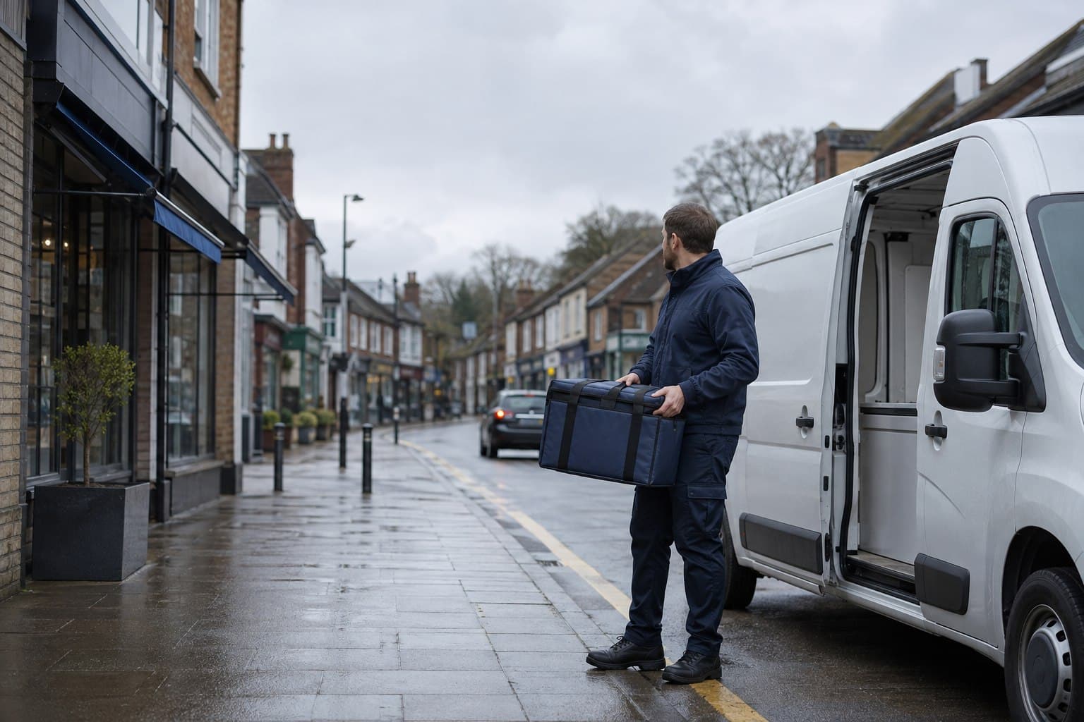 Unbranded courier handling a prepared consignment in Hatch End, shown in a local centre with station-side streets.