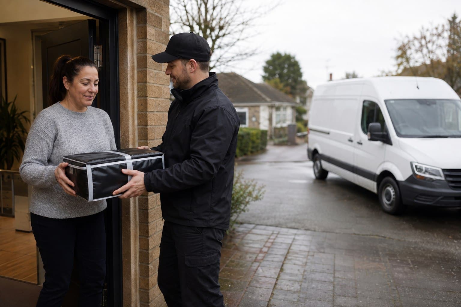Unbranded courier vehicle prepared for a direct delivery from Hatch End after collection from a high-street business or residential property.