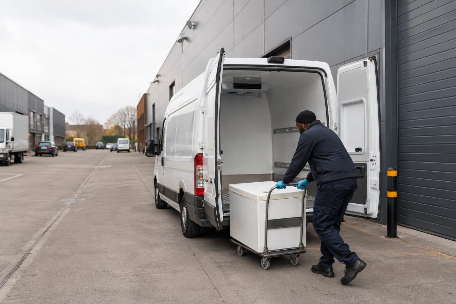 Courier moving an insulated container into an unbranded van at a Hayes industrial unit