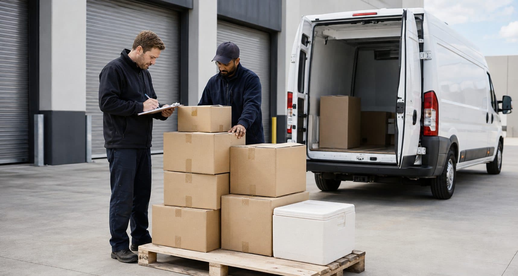 Courier and warehouse contact checking cartons and an insulated box for dispatch in Hayes