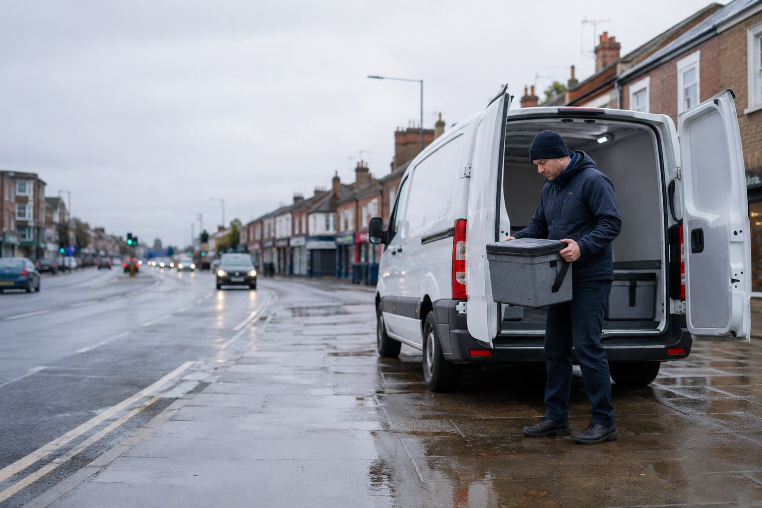 Unbranded courier handling a prepared consignment in Kenton, shown in a linear town-centre area spanning busy local roads.
