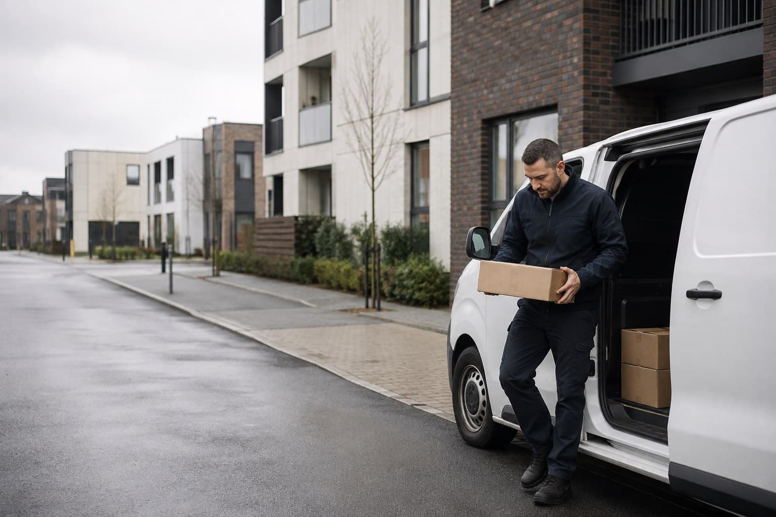 Unbranded courier vehicle prepared for a direct delivery from Kenton after collection from a high-street premise or suburban office.