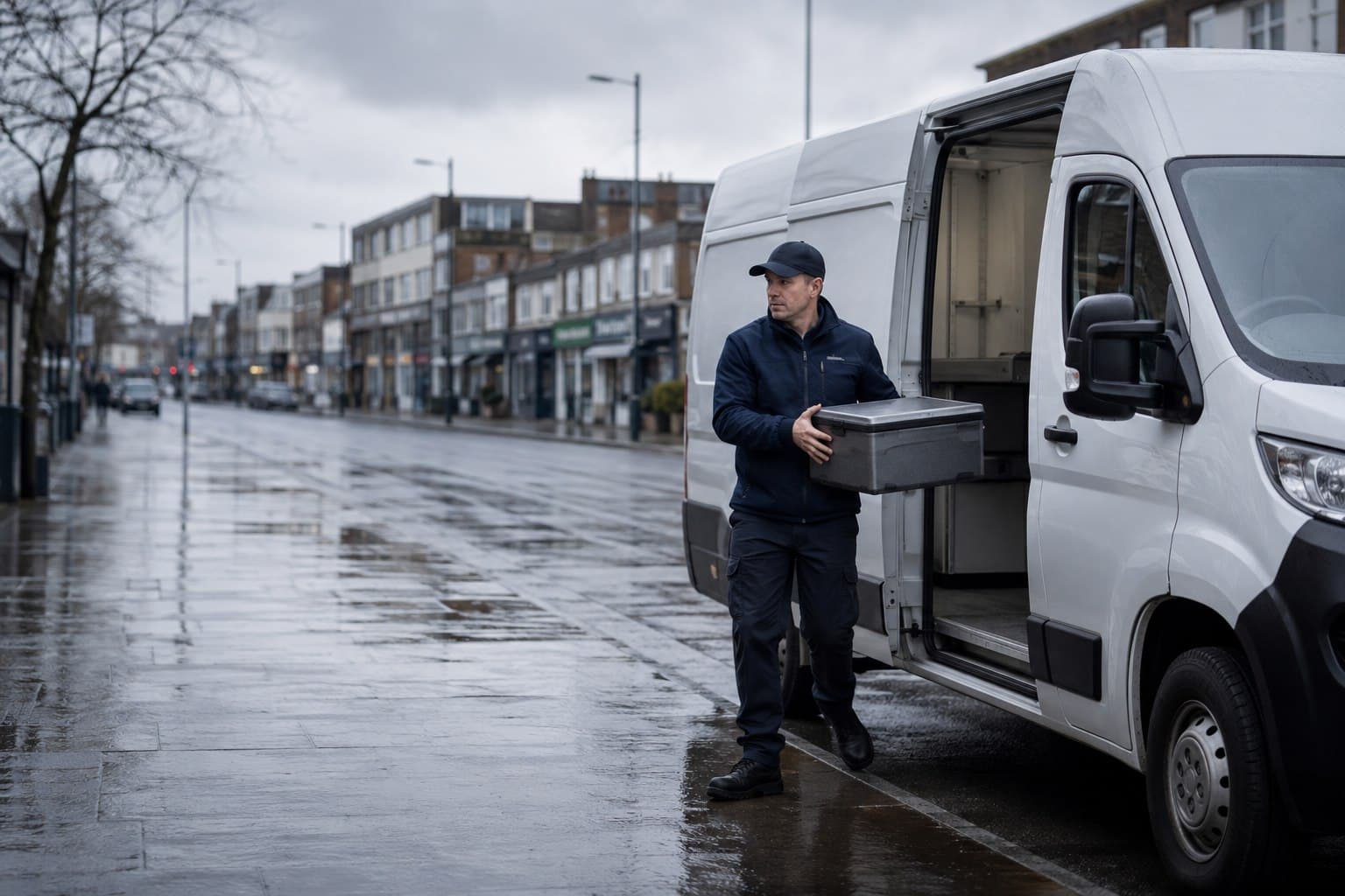 Unbranded courier handling a prepared consignment in Kingsbury, shown in a North-West London high-street district.