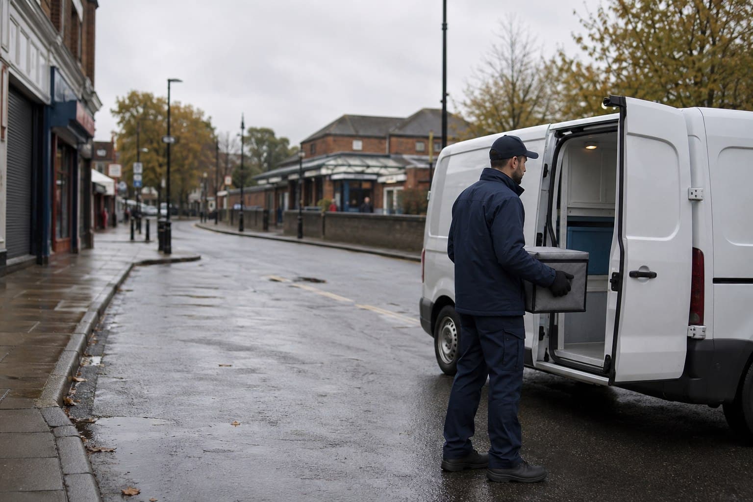 Unbranded courier handling a prepared consignment in North Harrow, shown in a compact district around local shops and the station.