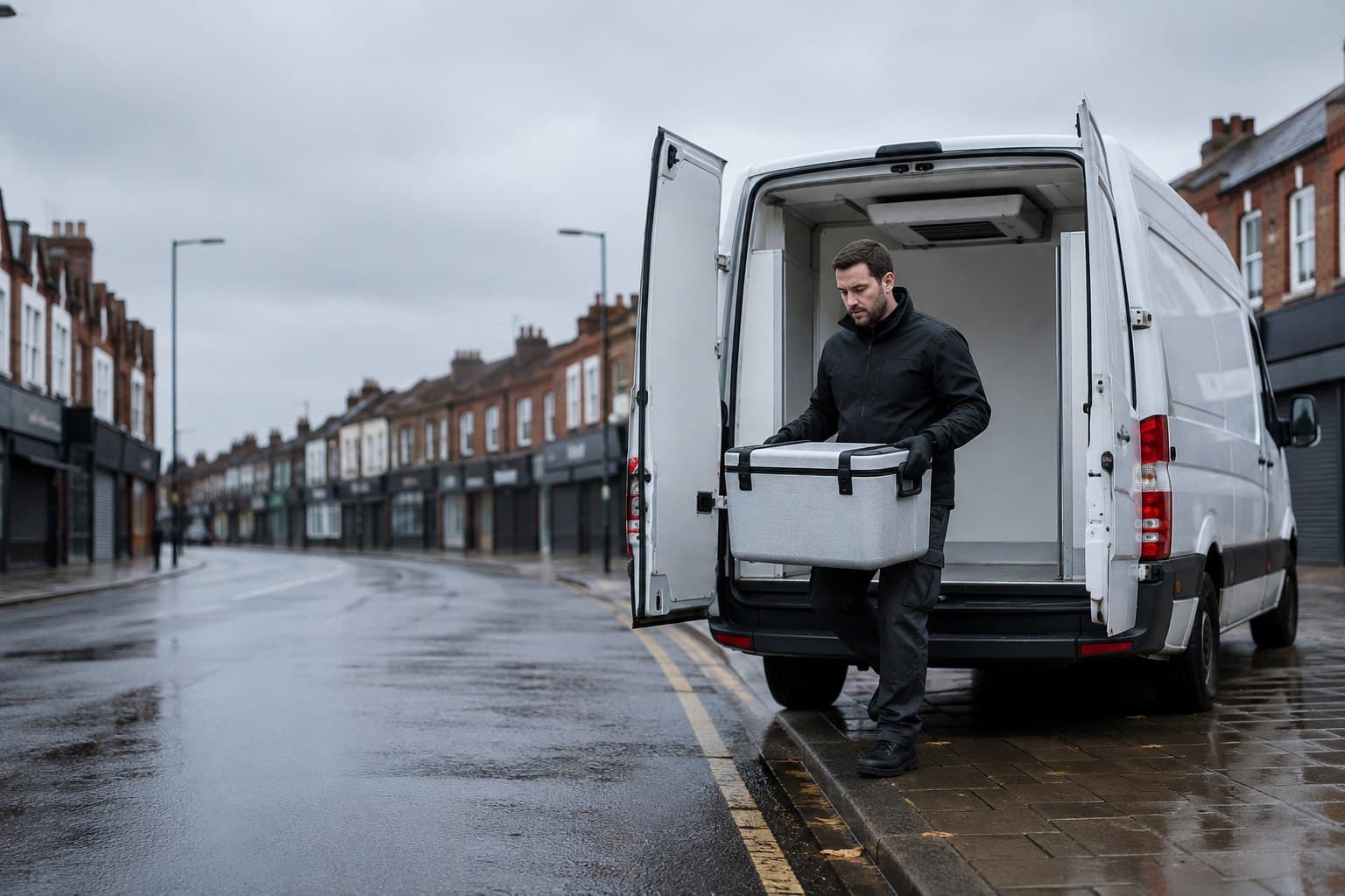 Unbranded courier handling a prepared consignment in Queensbury, shown in a mixed commercial and residential area.