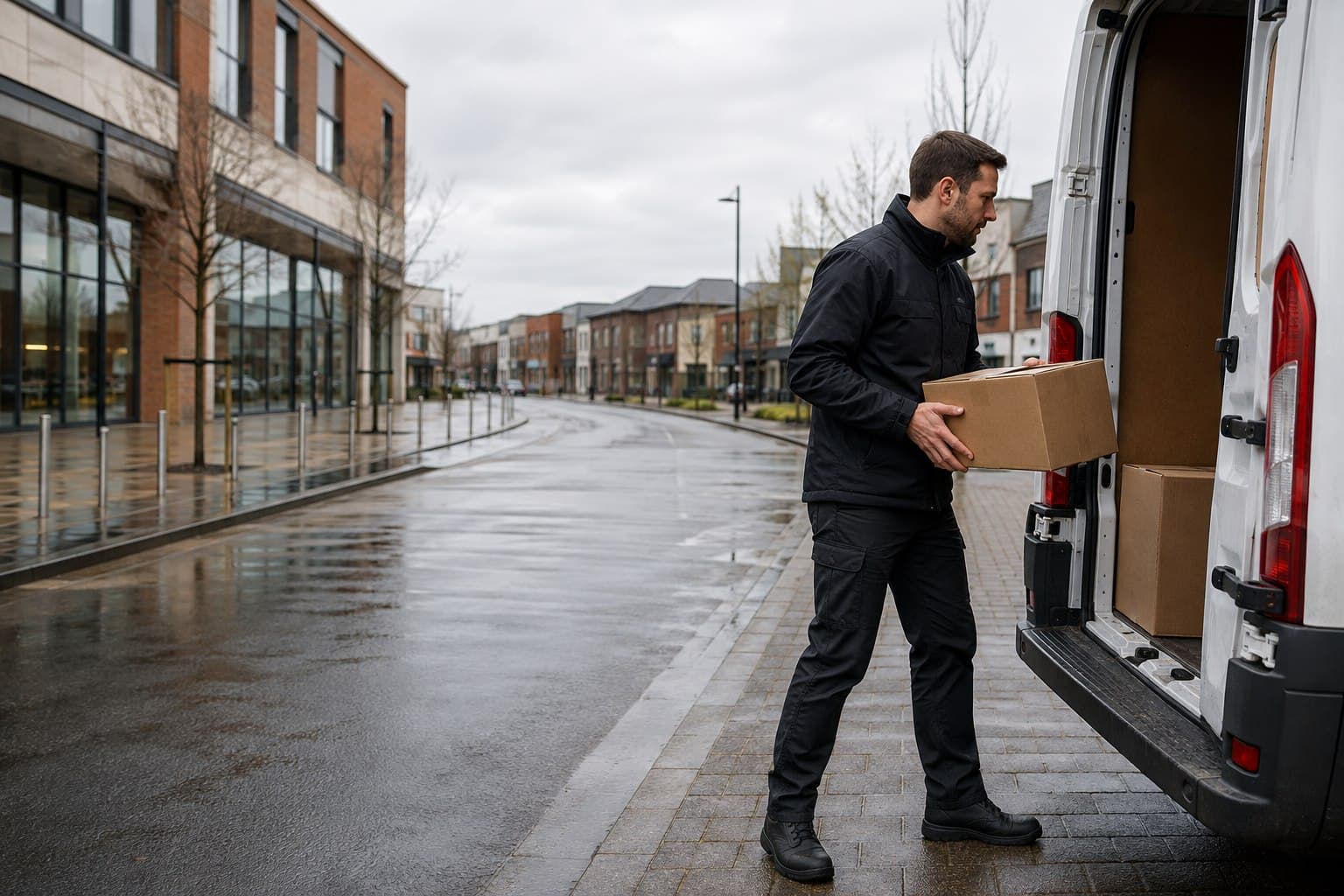 Unbranded courier vehicle prepared for a direct delivery from Queensbury after collection from a shop, healthcare address or local workplace.