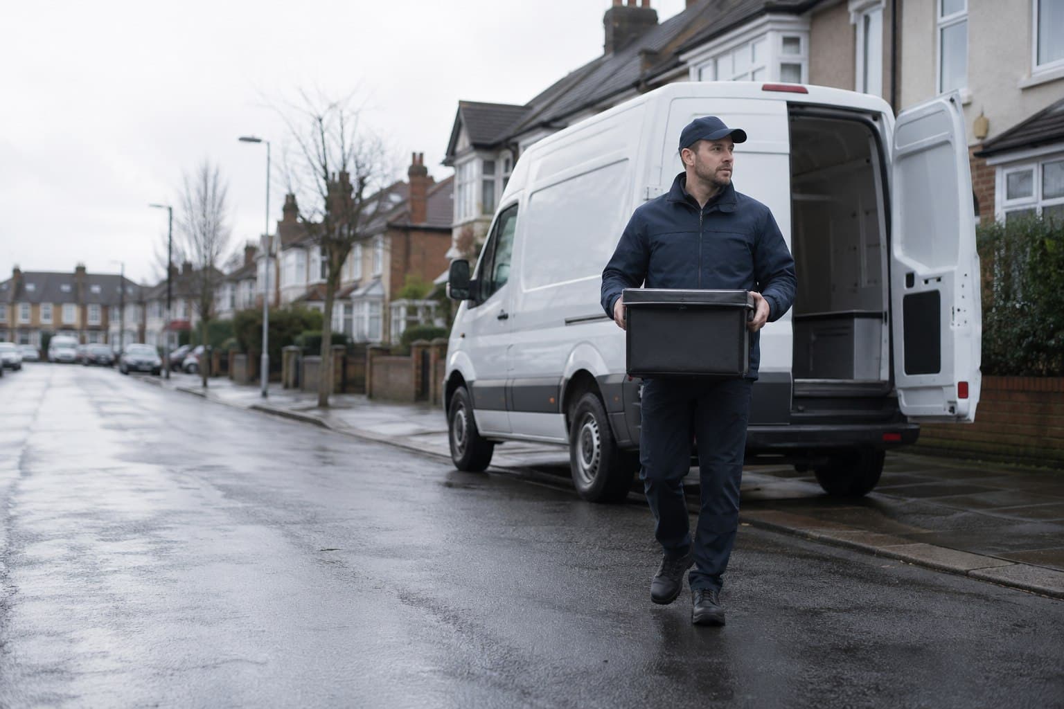 Unbranded courier handling a prepared consignment in Rayners Lane, shown in a station-centred shopping and residential district.