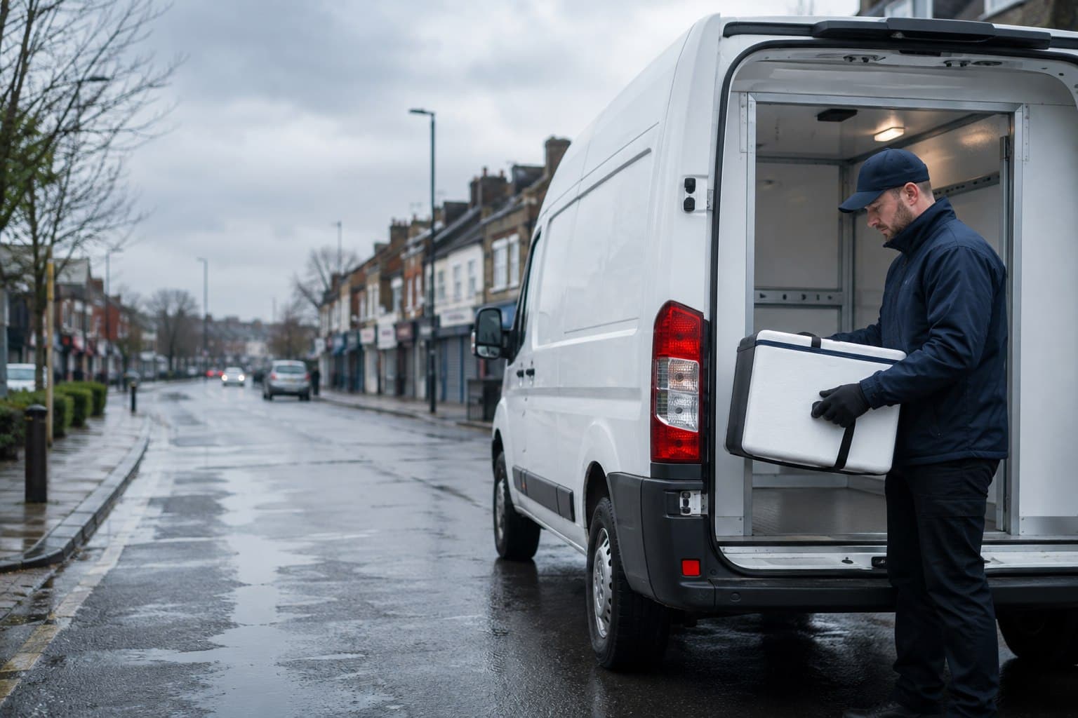 Unbranded courier handling a prepared consignment in South Harrow, shown in a dense retail and residential area.