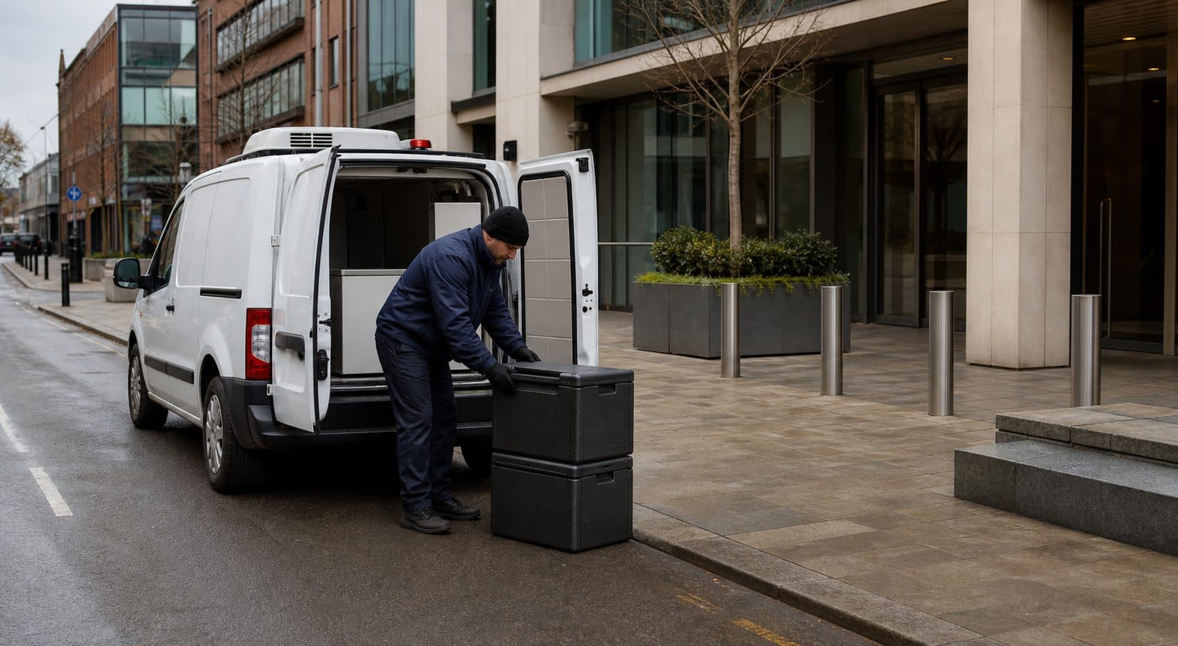 Courier preparing insulated containers beside an unbranded temperature-controlled van in Uxbridge