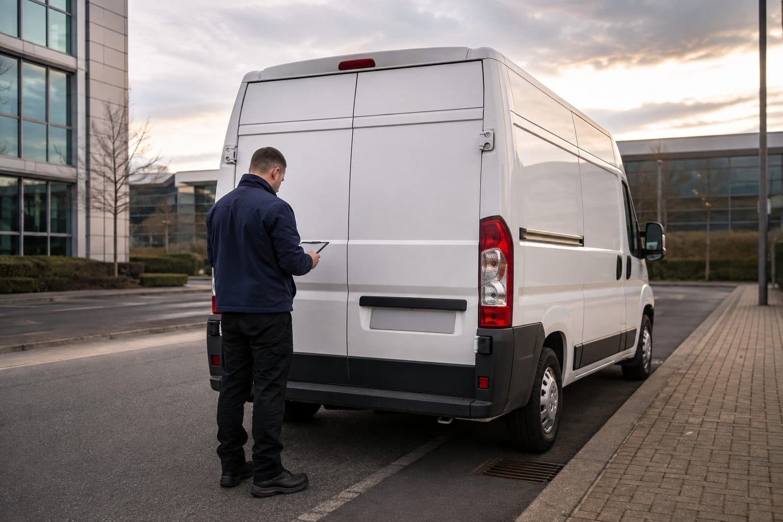 Courier reviewing a delivery route beside an unbranded van at an Uxbridge office park