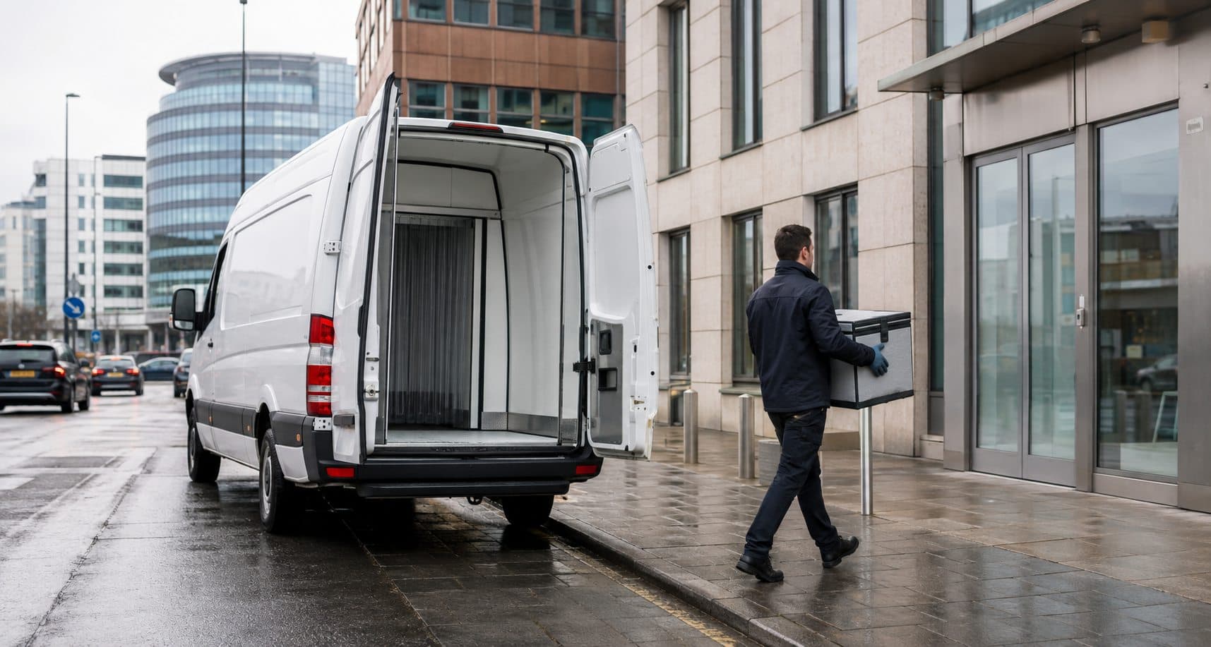 Unbranded temperature-controlled courier van during a business collection in Watford