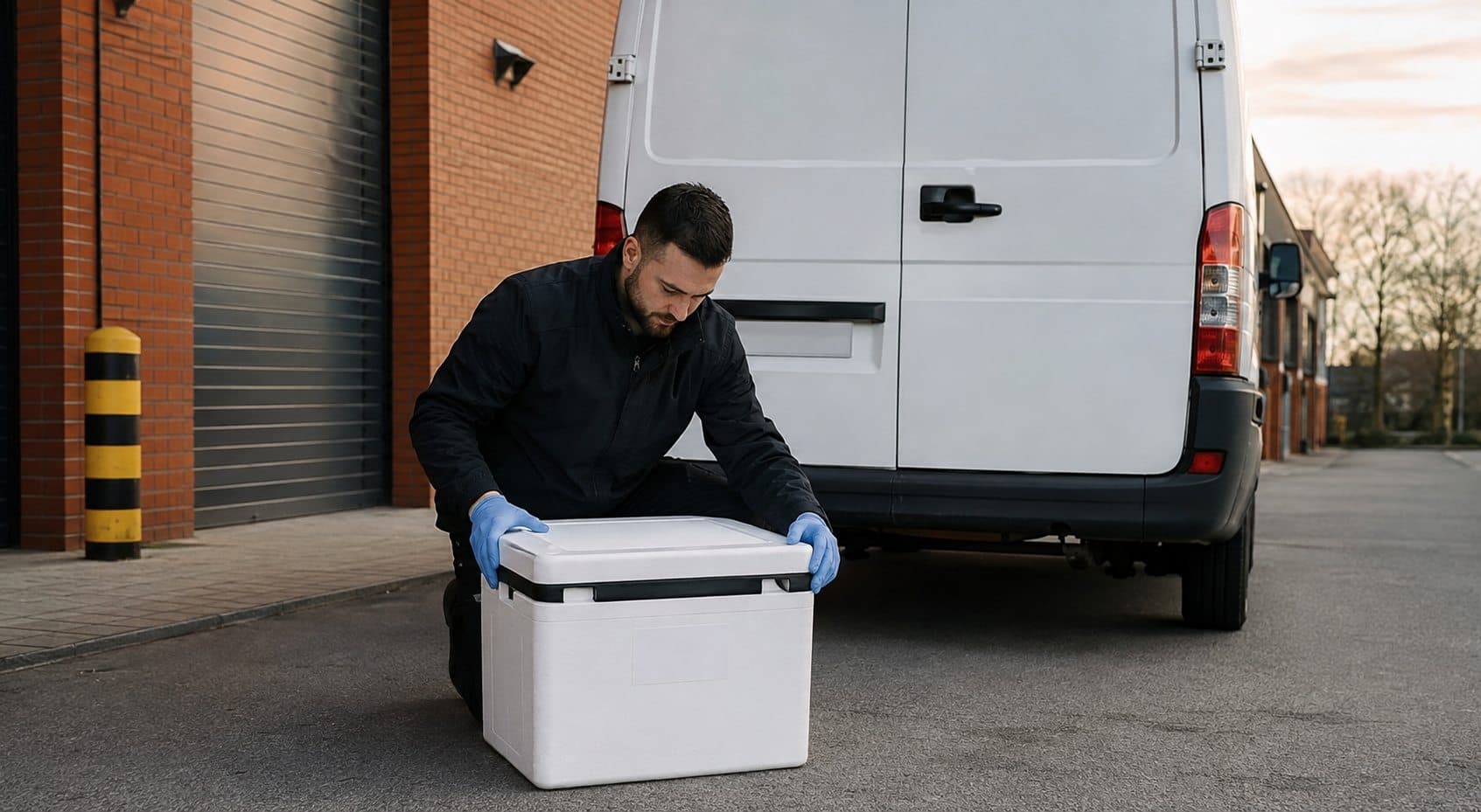 Courier checking a sealed insulated container beside an unbranded van in Watford