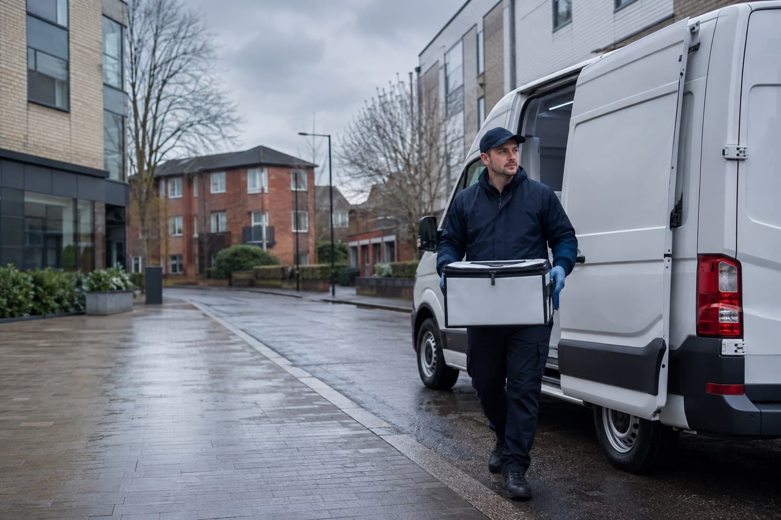 Unbranded courier handling a prepared consignment in Wealdstone, shown in a busy high-street and rail-side setting.