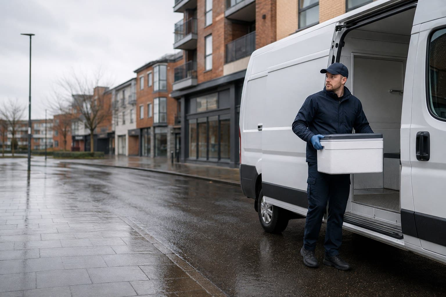 Unbranded courier handling a prepared consignment in West Harrow, shown in a mainly residential district close to central Harrow.